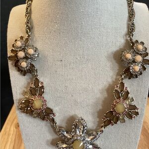 Ann Taylor Floral Statement Necklace – Gold Tone, Rhinestone & Enamel Flowers